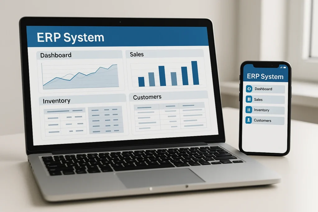 Panel de control de ERP en la nube accesible desde laptop y smartphone. ¿Qué es un ERP en la nube y cómo funciona? ERP en la nube