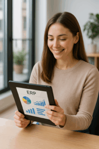 Mujer revisando ERP en tablet en oficina moderna