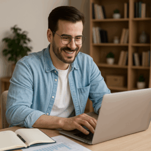 Hombre trabajando en laptop con ERP en oficina