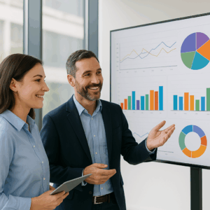 Profesionales analizando un ERP en pantalla grande en oficina moderna