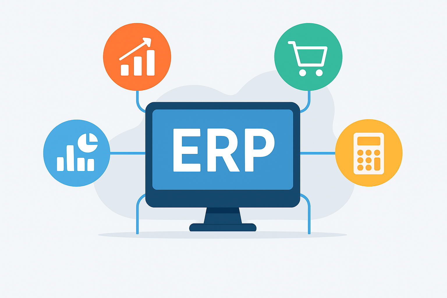 Ilustración de un sistema ERP conectado con áreas de negocio: ventas, finanzas, inventario y análisis.