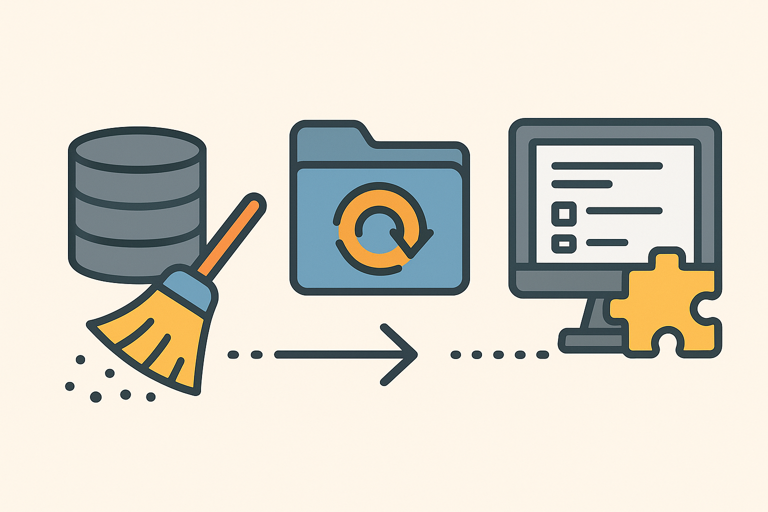 Ilustración que representa la migración de datos en ERP con limpieza de información, transferencia a carpetas y personalización en un sistema.