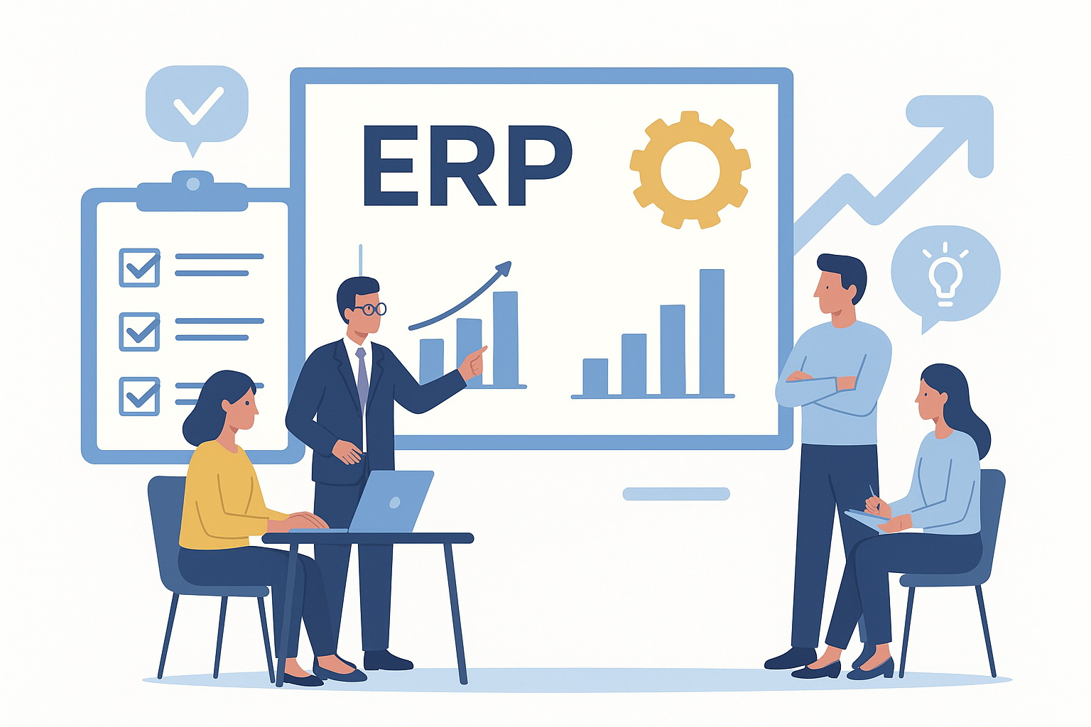 Ilustración de un equipo de trabajo en capacitación sobre ERP, con gráficos, checklist de pruebas y gestión del cambio organizacional para implementar un ERP en la nube sin fallar en el intento