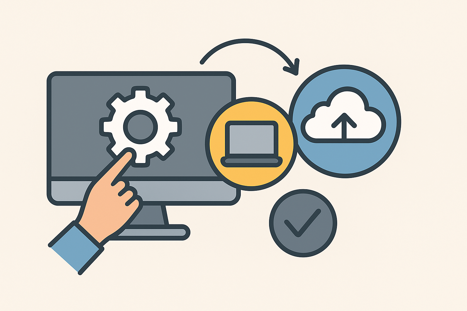 Ilustración con iconos que representan la elección de software y servicios en la nube, con monitor, engranaje, nube y señal de aprobación.