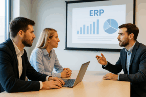 Reunión empresarial con presentación de dashboard ERP en pantalla.