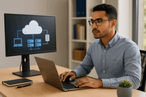 Técnico mexicano monitoreando sistemas cloud ERP en oficina moderna.