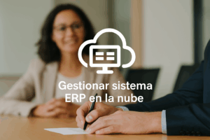 Ícono de nube con texto “Gestionar sistema ERP en la nube” en reunión empresarial.