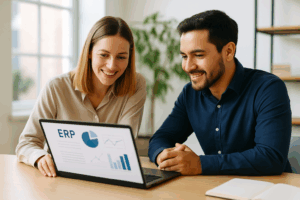 Equipo de trabajo mexicano analizando gráficos de un sistema ERP en laptop.