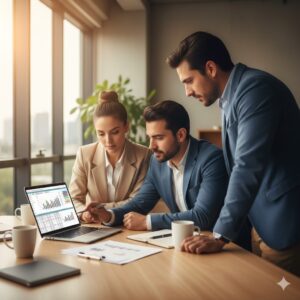 Equipo contable mexicano colaborando frente a laptop en oficina moderna.