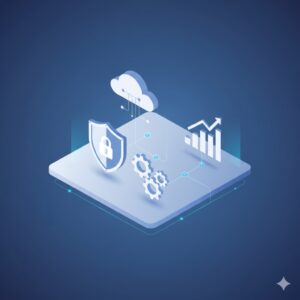 Ilustración isométrica con íconos de nube, seguridad y datos contables.