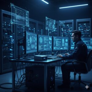 Técnico mexicano configurando servidor con pantallas iluminadas en azul.