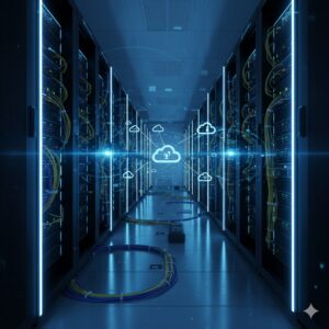 Centro de datos moderno con íconos digitales de nube y conexión.