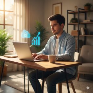 Hombre mexicano trabajando en laptop con ícono de nube en oficina moderna.