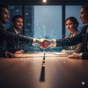 Empresarios conectados mediante red digital simbólica.