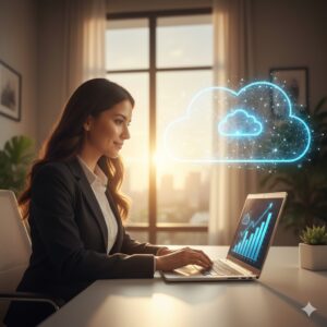 Ejecutiva mexicana revisando respaldos de información cloud con resultados positivos.