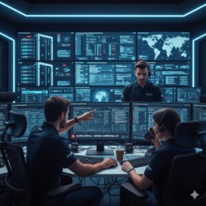 Equipo técnico monitoreando servidores empresariales en tiempo real.