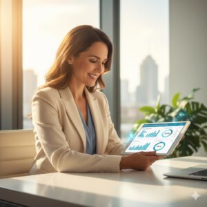 Empresaria mexicana revisando reportes de servicio administrado en la nube.