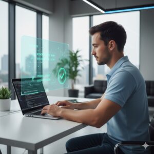 Técnico implementando actualizaciones en un sistema empresarial en línea.