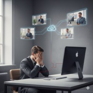 Empresario sin acceso a su sistema local mientras su equipo trabaja en remoto.