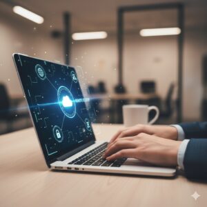 Usuario accediendo a un escritorio remoto con conexión segura en la nube.