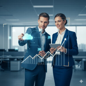 Empresaria migrando su sistema a la nube con apoyo técnico.