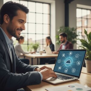 Técnico configurando servidor cloud para instalación de software empresarial.