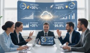 Equipo empresarial analizando beneficios de migrar su programa a la nube.