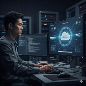 Profesional supervisando seguridad y respaldo de su sistema en la nube.