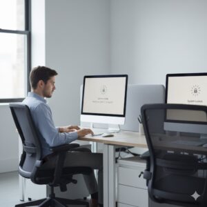 Empleado esperando acceso al sistema mientras otro usuario trabaja en la computadora.