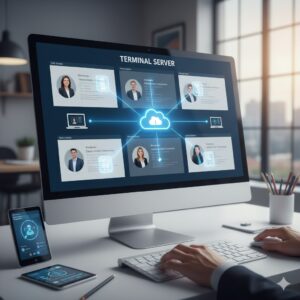 Varias personas conectadas simultáneamente al mismo sistema empresarial desde distintos dispositivos.