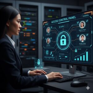 Administrador configurando seguridad y permisos por usuario en sistema multiusuario.