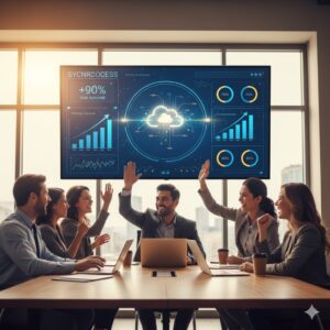 Equipo empresarial celebrando el uso exitoso del sistema multiusuario en línea.