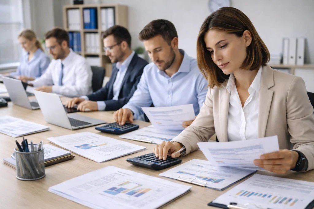 contadora revisando documentos fiscales con laptop y calculadora