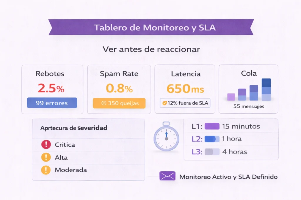 monitoreo y SLA de correo fiscal con alertas por severidad