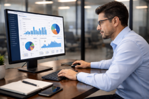 analista tecnológico revisando rendimiento de sistema ERP