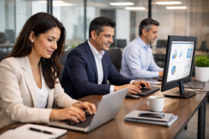 equipo administrativo trabajando con sistema ERP empresarial