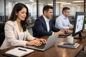 equipo empresarial evaluando infraestructura para ERP