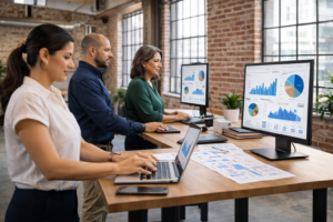 equipo administrativo trabajando con sistema ERP empresarial