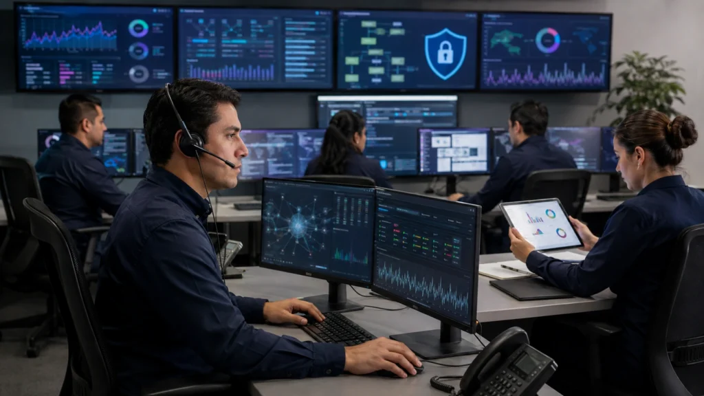 Equipo técnico supervisando la continuidad de un ERP empresarial