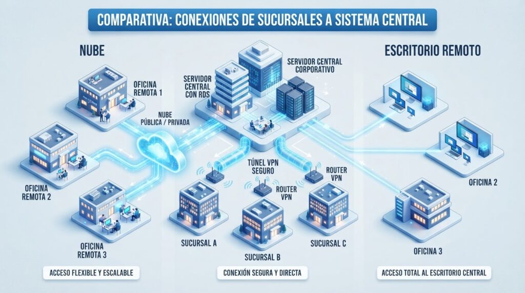 Comparación de nube VPN y escritorio remoto para CONTPAQi en varias sucursales